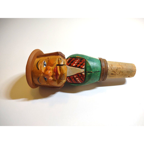 ANRI Mechanical Head Man Bottle Stopper Wood Hand Carved Puppet Barware Cork - Picture 5 of 7
